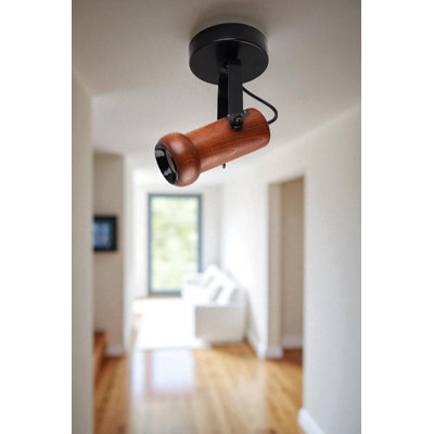 Élégant lustre en métal avec capuchon en bois, finition noire et noyer, 10,2 po x 5,9 po | Taille du capuchon: 3,1 po x 5,9 po, hauteur totale: 10,2 po | Douille GU10 de 10 W maximum, idéale pour décorer le salon et la salle à manger, solution d'éclairage élégante