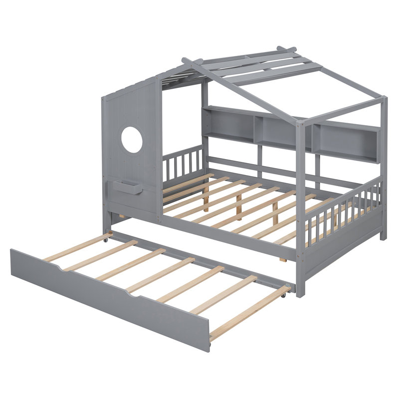 Lit en bois avec couchette, gris, Double