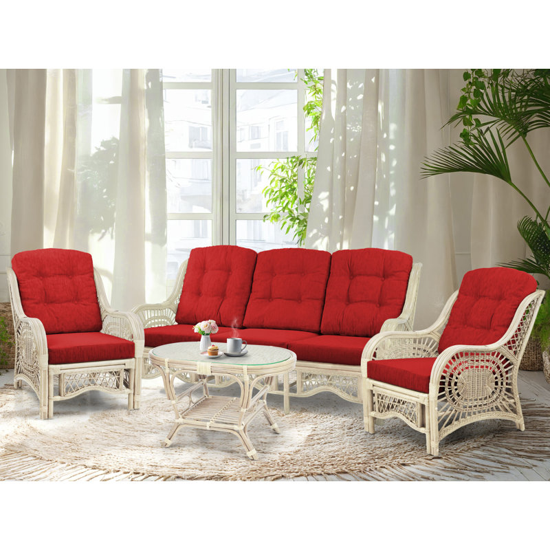 Malibu 4-Piece Natural Rattan Wicker Lounge Set with Red Cushions