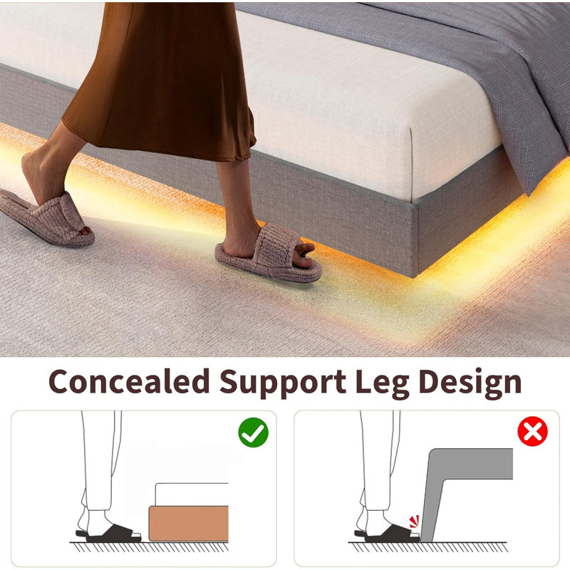 Floating Bed Frame, With RGB LED Lights And Charging Station, Black, Full