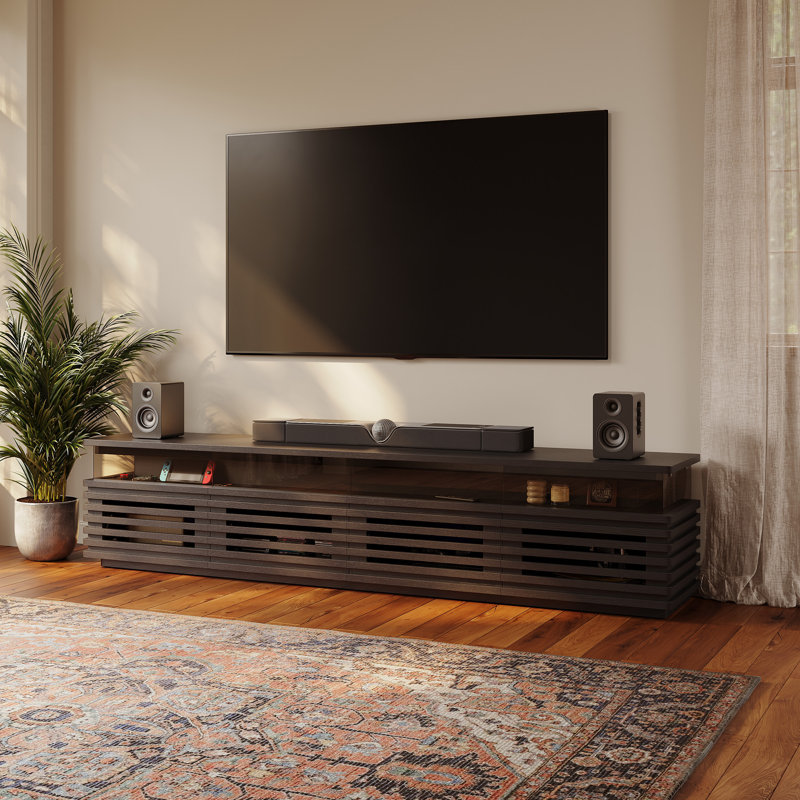 Selene Slatted Media Console With LED Lighting, No Assembly Required, Black, 20.47"H x 94.49"L x 17.72"W