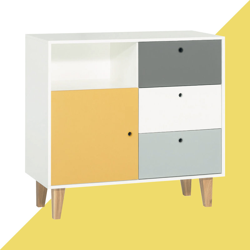 Aleana Solid Wood 103.5cm W 3 - Drawer Chest of Drawers, White/Grey/Dark Grey/Saffron