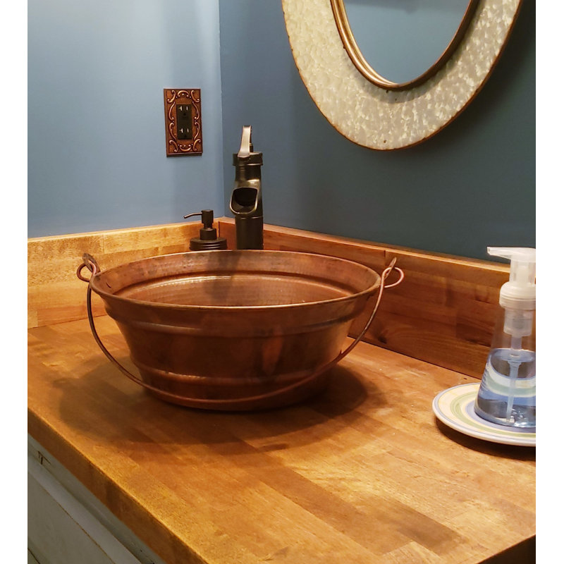 15" Round Copper Vessel Bucket Bath Sink in Natural Patina, Drain Included