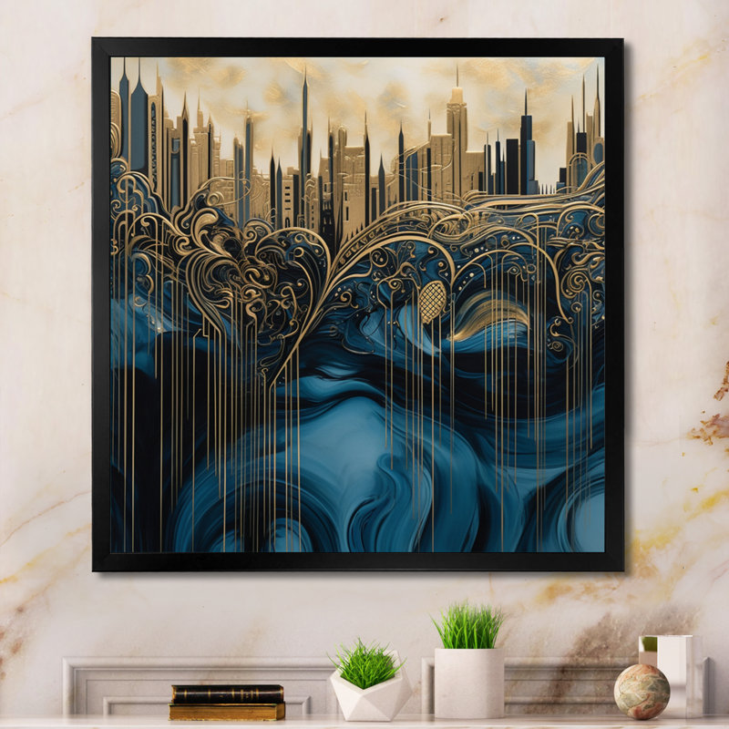 «Gold and Blue Urban Elegance I», reproduction sur toile encadrée, Cadre photo noir, H 16 po x l 16 po x P 1 po