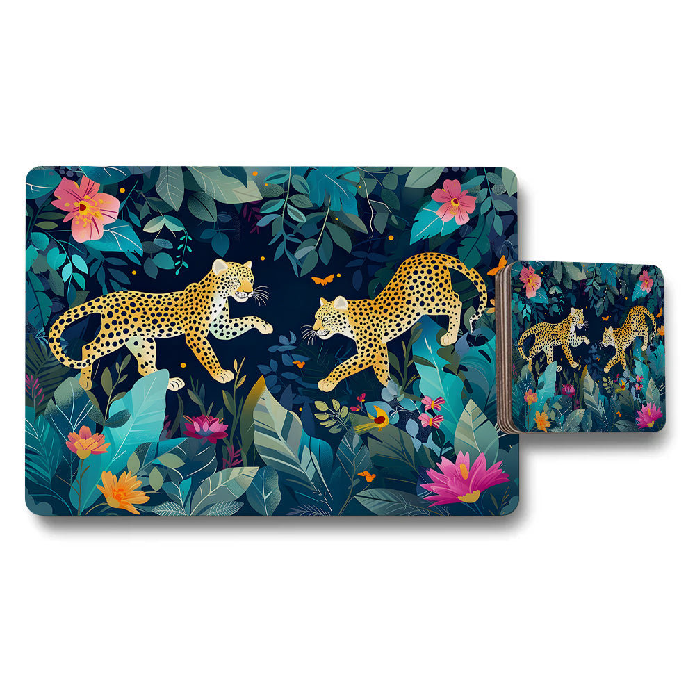 Jungle Leopard Placemat And Coaster Set With Colorful Tropical Plants