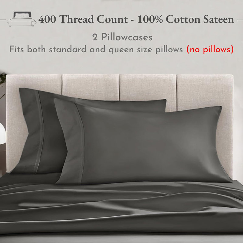 Ensemble de taies d'oreiller - contexture 400 fils, satin de coton à 100%, ensemble luxueux de 2 housses de coussin, respirant, rafraîchissant, doux pour un sommeil de qualité confortable - gris
