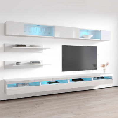 Bergenia 126" Modern Floating Wall Mounted Entertainment Center with 16-Color LED Lighting, High Gloss Finish
