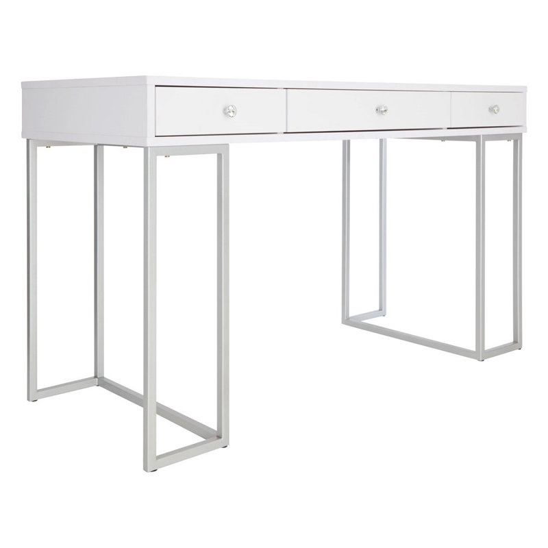 Celeste Vanity Table with 3 Drawers and Crystal Knobs, Dresser Desk with Silver Colored Metal Legs, Silver/White