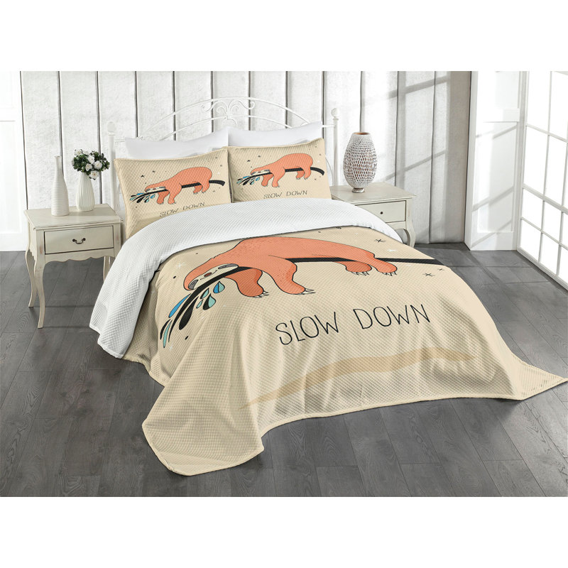 Ambesonne Animal Bedspread Set Sleepy Sloth Cartoon Multicolor, King Coverlet/Bedspread + 2 Standard Shams