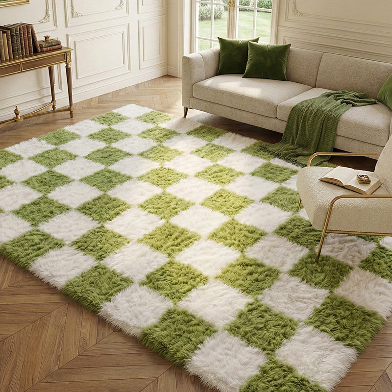 Plush Checkered Shag Area Rug - Soft Fluffy Green & White Grid Fleece Carpet for Living Room, Bedroom, Dry-Clean Only, High-Pile Shaggy Rug with Modern Checkerboard Pattern, Cozy Non-Slip Floor Decor for Contemporary Home Spaces