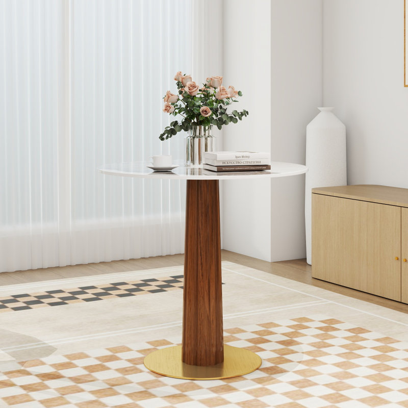 Table de salle à manger moderne pour 2 personnes avec piédestal rond en bois et base dorée pour petits espaces, Blanc Pandora