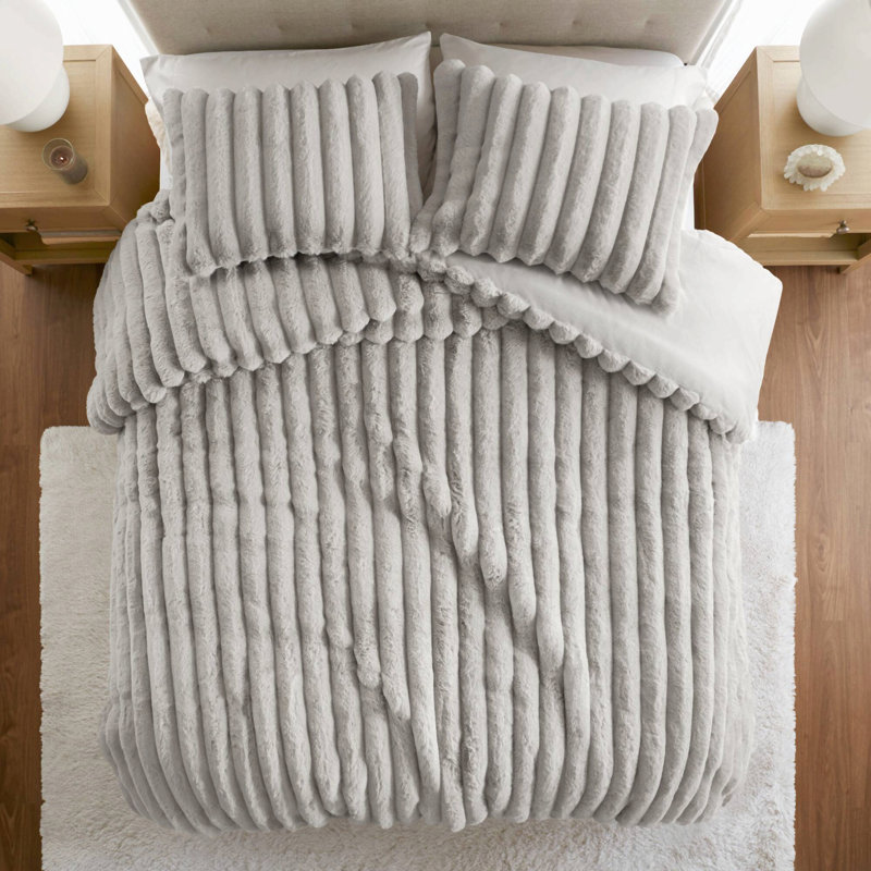 Ensemble de couette côtelée en fausse fourrure 3 pièces, gris pâle, grand lit/queen, Gris clair