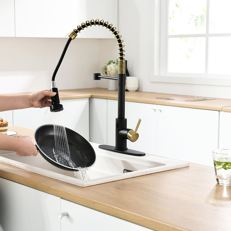 Robinet de cuisine sans contact avec douchette rétractable - Mains automatiques Smart, noir et or, contemporain, acier inoxydable, remplissage en céramique Smart Touchless