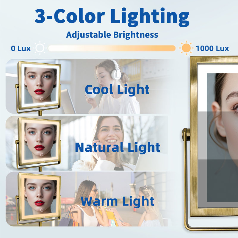 Miroir de maquillage mural rechargeable avec lumières, miroir de coiffeuse grossissant 1X / 10X à double face avec lumière 3 couleurs, écran tactile à intensité variable, bras rotatif à extension à 360 ° (laiton antique)