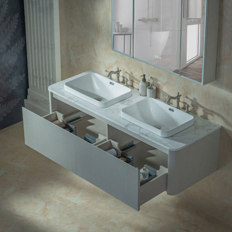 Meuble-lavabo flottant mural de 60 po avec double lavabo blanc intégré, tiroirs à fermeture en douceur, armoire grise, comptoir à motif de marbre, bords arrondis