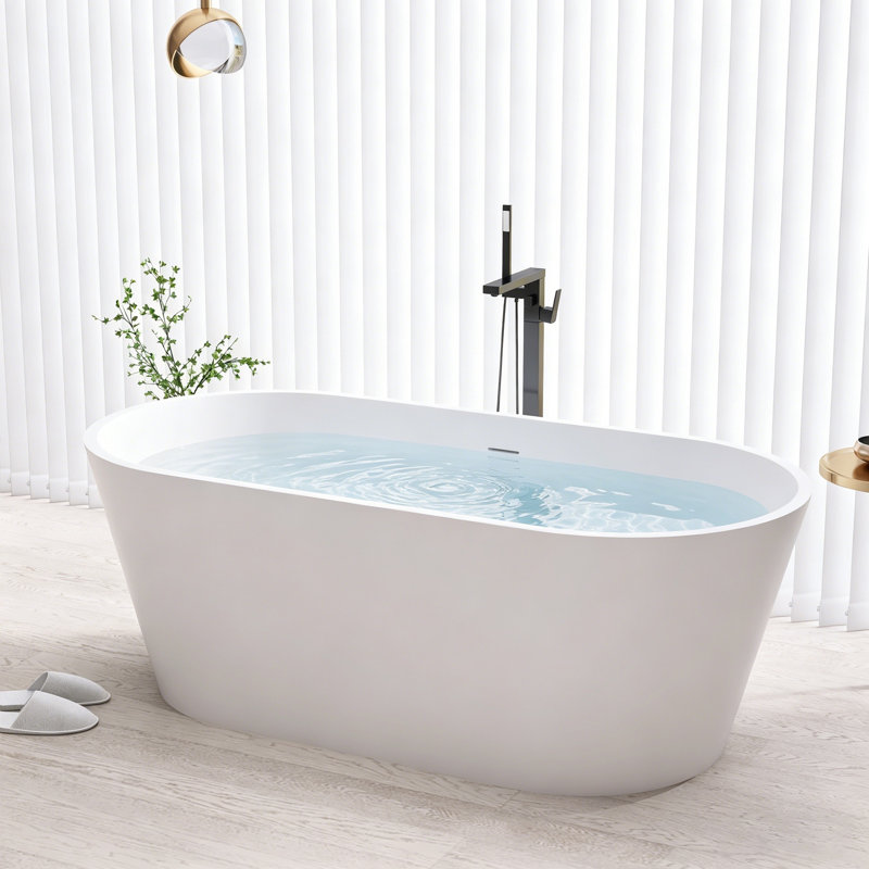 65" W Freestanding Stone Resin Soaking Bathtub with Drain Pipe