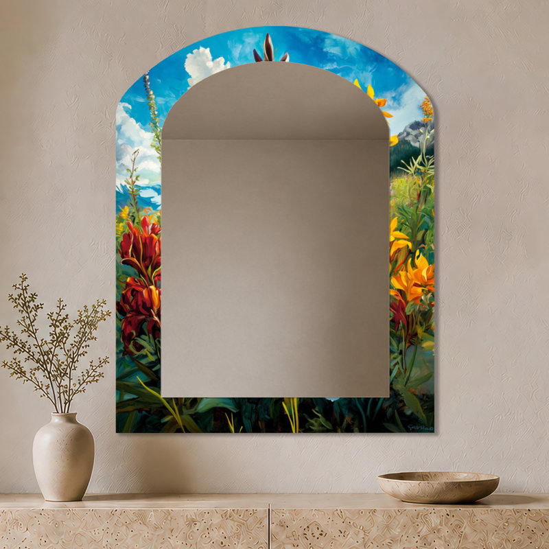 Miroir mural Botanical Arched - Blue Sky Wildflowers in Meadow I, 43" x 33"