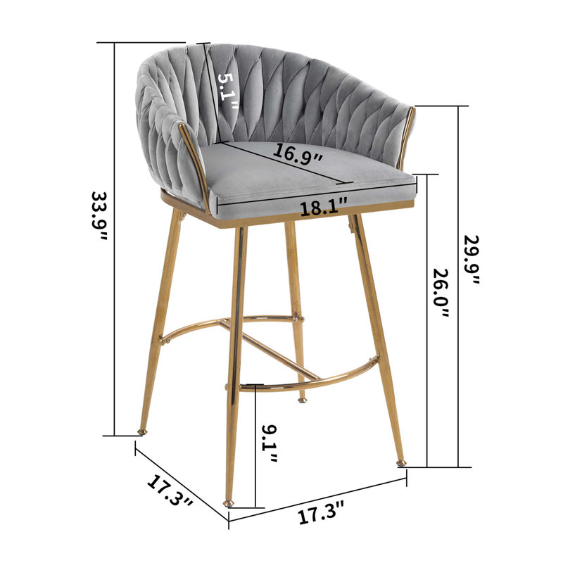 Tabouret de bar 26 po avec îlot de cuisine avec dossier ondulé à la main, base chromée dorée et repose-pieds 26 po, Gris, 2