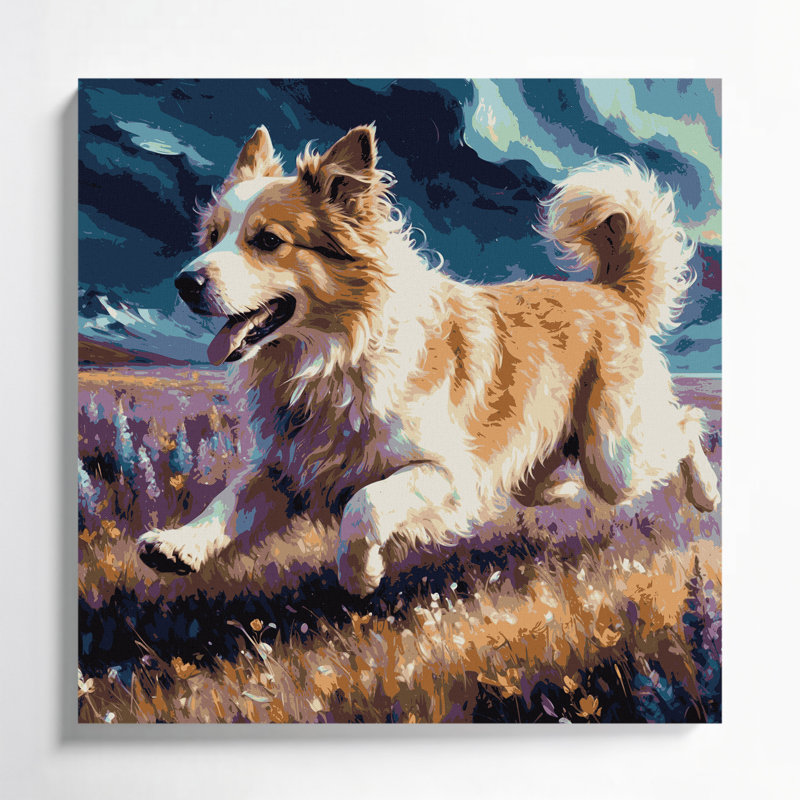 Chiens, chien de berger mauve sur toile mauve, H 12 po x l 12 po
