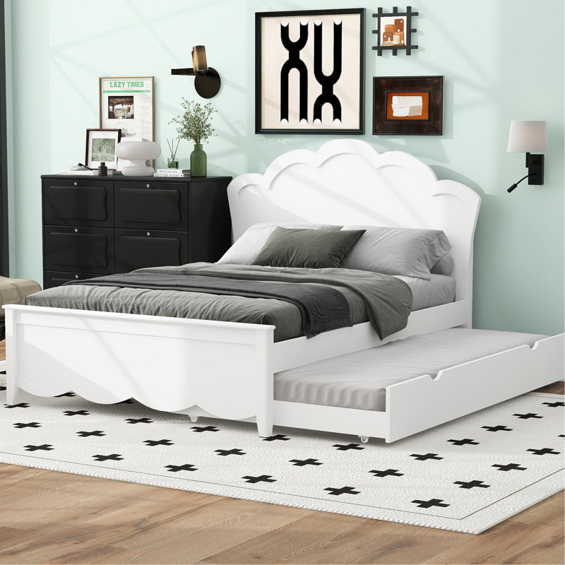 Full Size Wood Bed With Headboard And Twin Trundle In White - Easy To Assemble, Space Saving, No Box Spring Size Platform Strong Construction, Assembly, Requirement