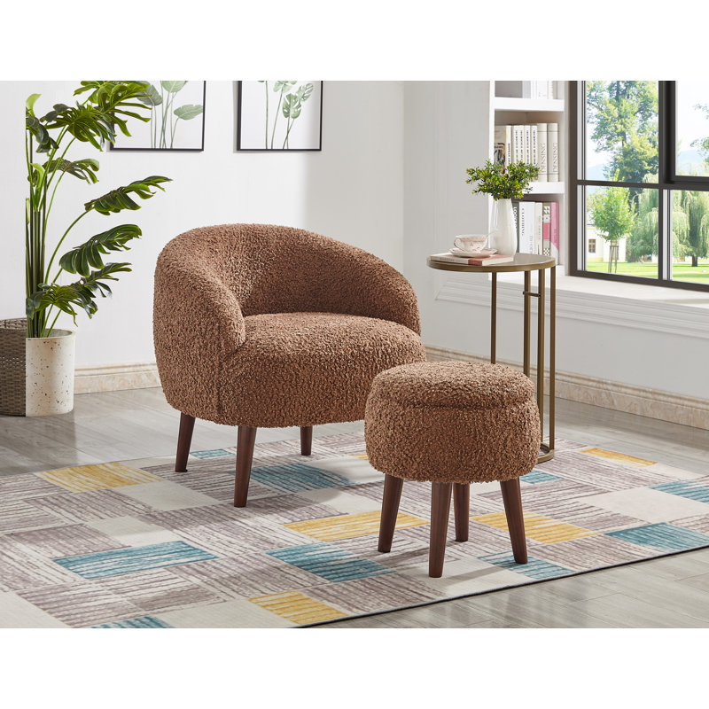 Emonnie Upholstered Armchair with Ottoman, Dark Brown Faux Fur
