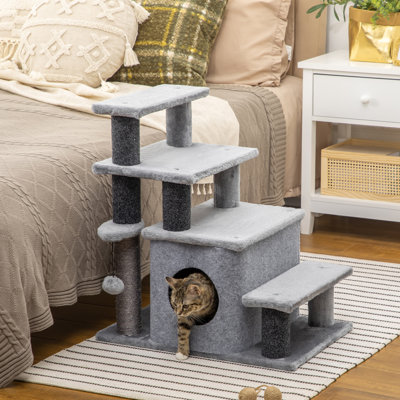Escalier pour animaux de compagnie, hauteur réglable, 3 ou 4 marches, avec griffoir en sisal, balle jouet pour chat, idéal pour lit en hauteur, canapé ou fauteuil, pour petits chatons d'intérieur, gris.