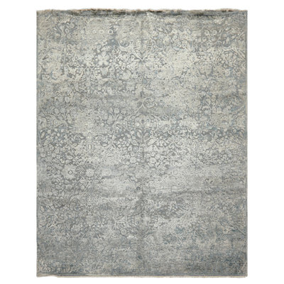 Tapis abstrait moderne en laine, bambou et soie, 2,39 m x 3,02 m, bleu aqua et argent, noué à la main