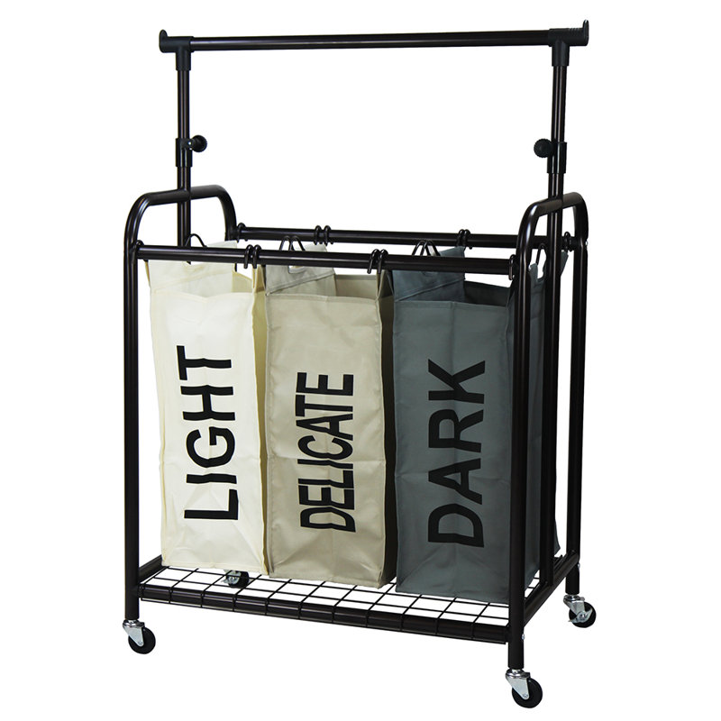 Metal Rolling Laundry Sorter with Handles, White/Brown/Gray