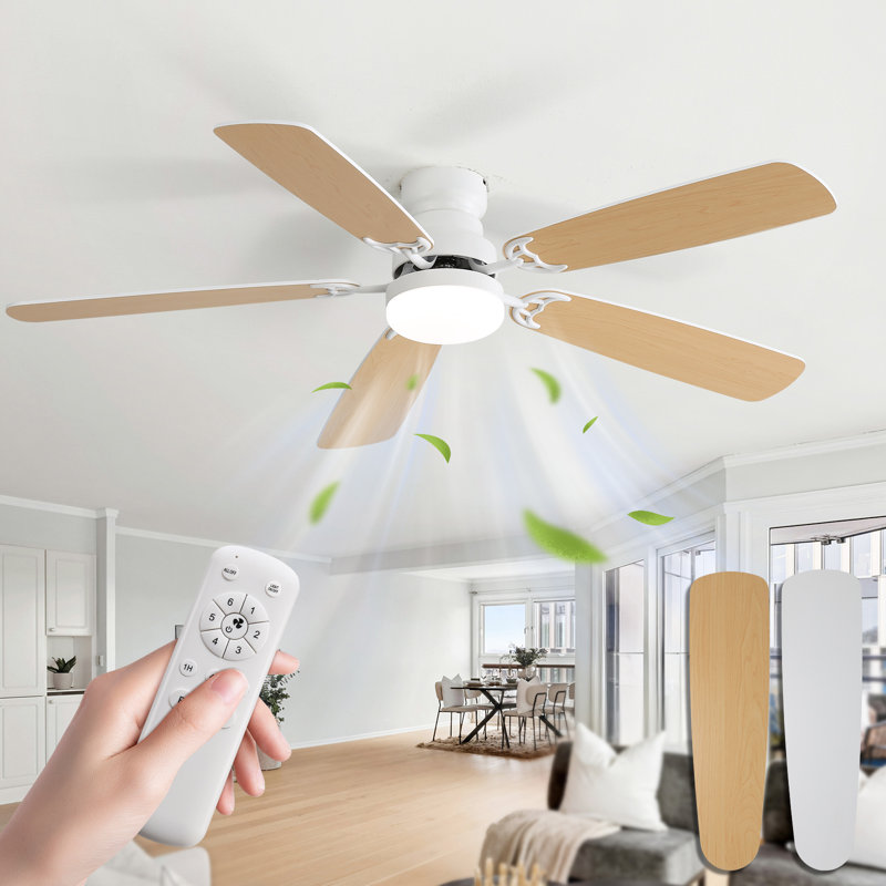 Derick 5-Blade Modern Ceiling Fan with LED Light and Remote Control, White, 52"