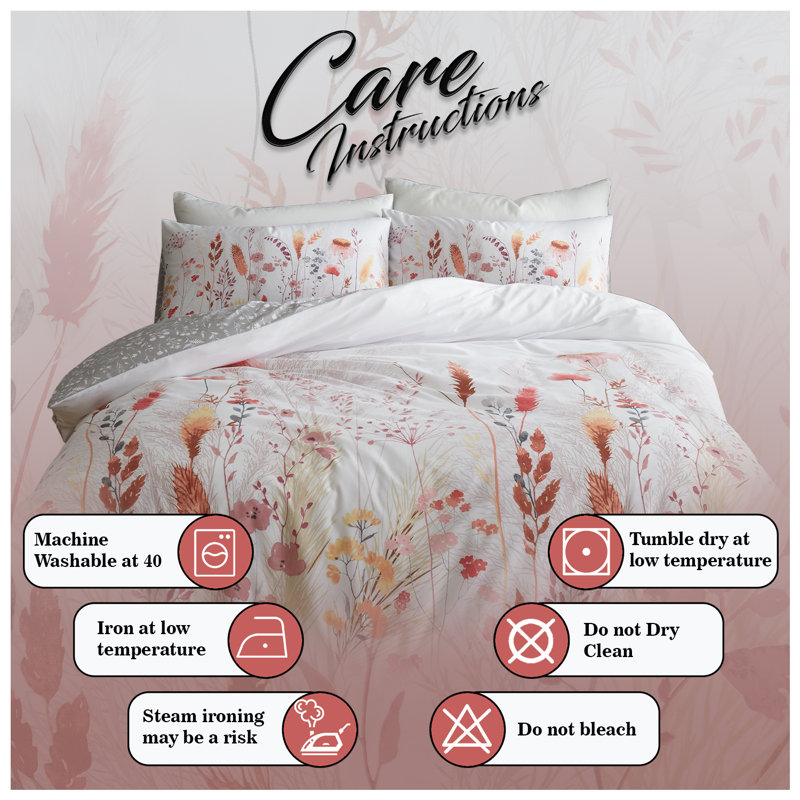 Botanical Pattern Polycotton Duvet Cover Set with Matching Pillowcases - Available in Single Double King Bedding, Double