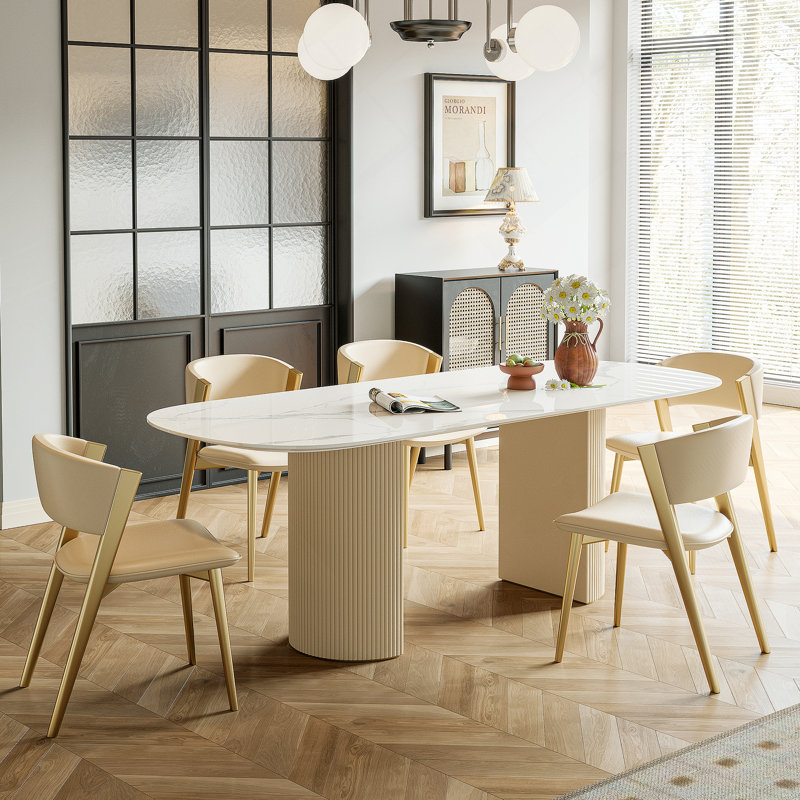 Table de salle à manger en acier inoxydable avec plaque de roche et cuir tissé - peut supporter jusqu'à 94,5 kg (excluant les chaises)