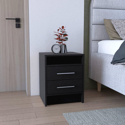 Black 24" 2-Drawer Nightstand, with Open Shelf