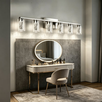 Éclairage de meuble-lavabo moderne à 6 lumières DEL, luminaire mural en cristal à bulles 3 couleurs à intensité variable, éclairage sur le miroir réversible pour salle de bain