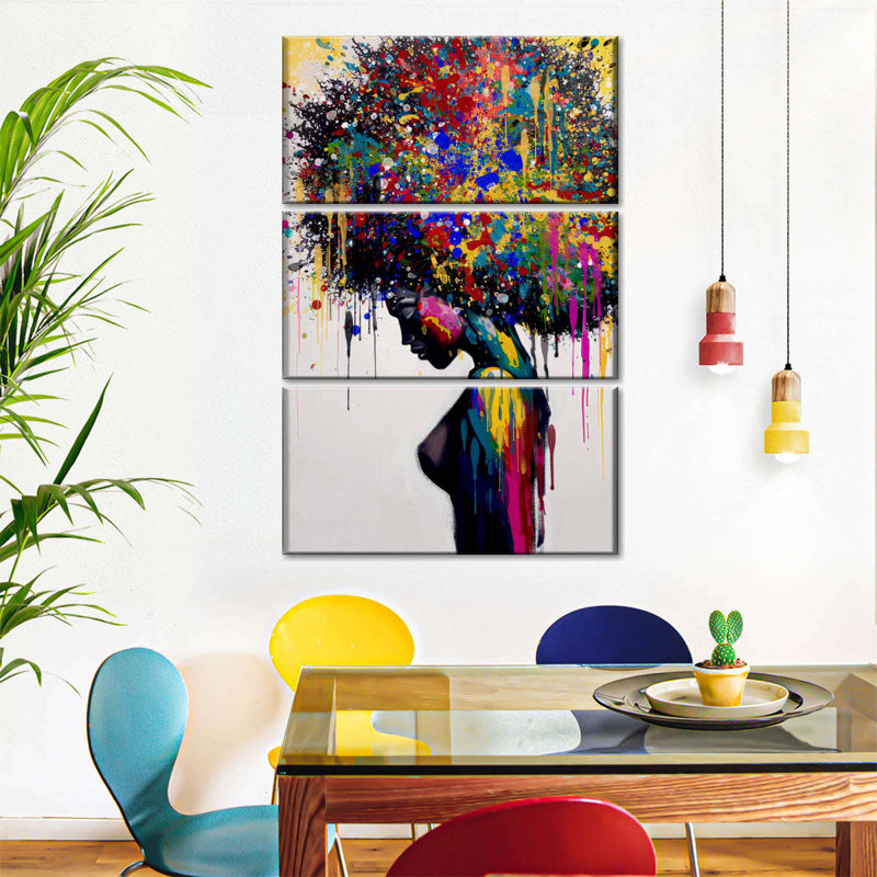"Portrait féminin" Afro Color Splash sur toile 3 pièces par Harper D., H 42 po x l 65 po x P 1,25 po