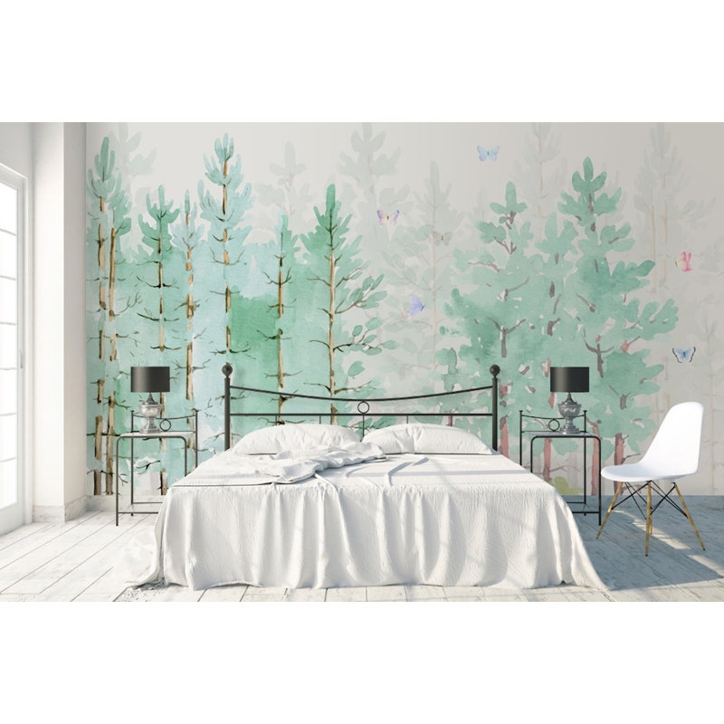 Papier peint amovible avec aquarelle et papillons verts, L 105,96 po x l 187 po