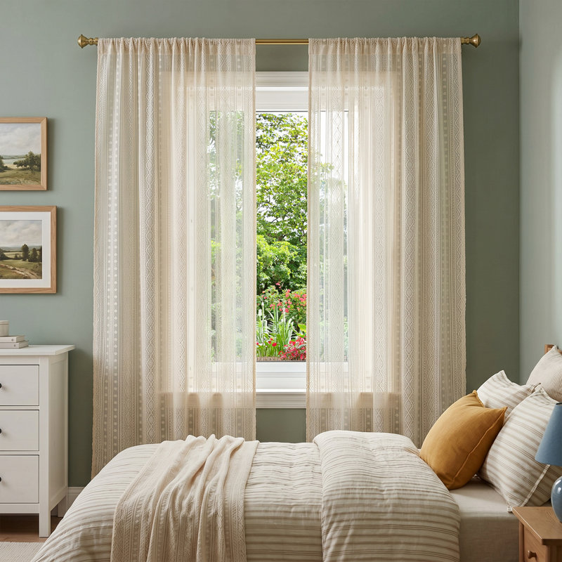 2 Panels Semi-sheer Lace Curtains with Tassels