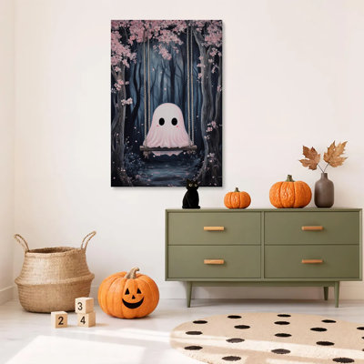 1 pièce, impression sur toile encadrée, fantaisiste, rose, mignon, fantôme, balançoire, forêt, fantômes, Halloween, art rétro, impression sur toile, peinture pour salon, chambre, bureau, salle de bain, dortoir, prêt à accrocher