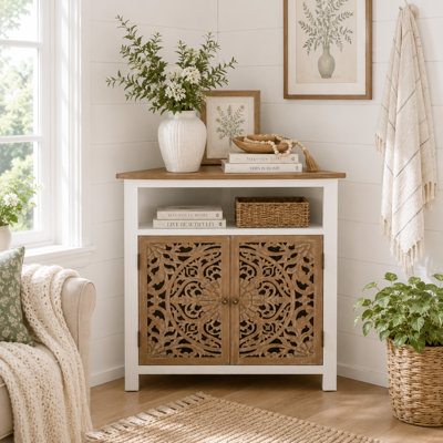 2-Door Farmhouse Corner Cabinet With Hand-Carved Detailing, Storage Shelf, Rustic White And Natural Wood