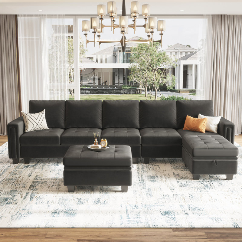 Shavera 6 - Piece 130.6'' Wide Upholstered Sectional Modular Sofa Velvet Large L Shaped Tufted Couch with Storage Ottomans
