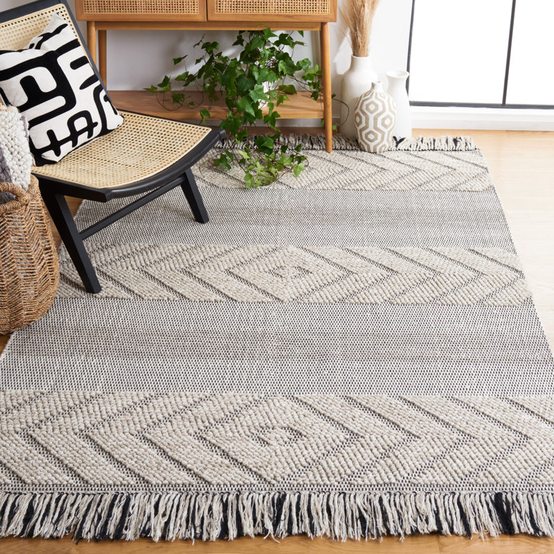 Ailiedh Vermont Flat Weave Wool/Cotton Striped Rug in Beige/Ivory, Rectangle 8' x 10'