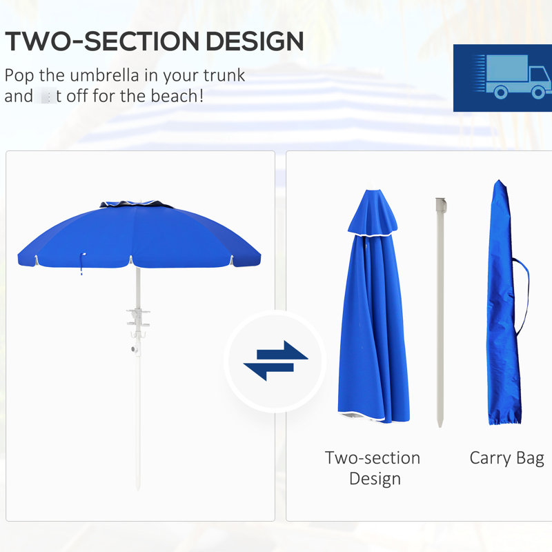 Parasol portatif de 40 ans et plus avec fonction d'inclinaison et de hauteur réglable, 2 porte-gobelets et crochets, fonction extérieure ventilée bleue, résistance, housse ventilée pour les sorties