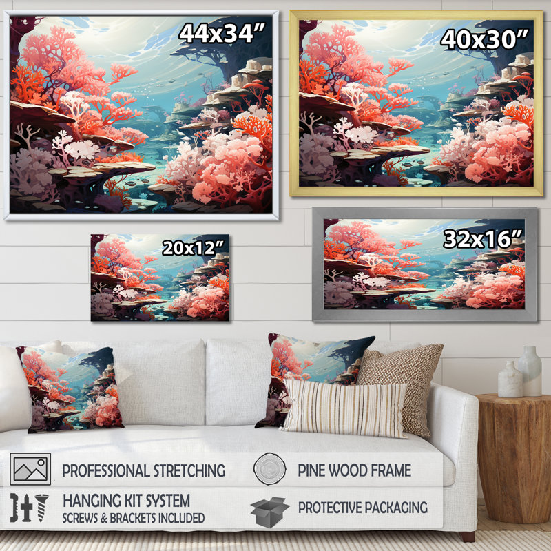 Aqua Serenade sous l'eau Corail IV - Imprimé, Cadre flottant noir, H 12 po x l 20 po x P 1 po