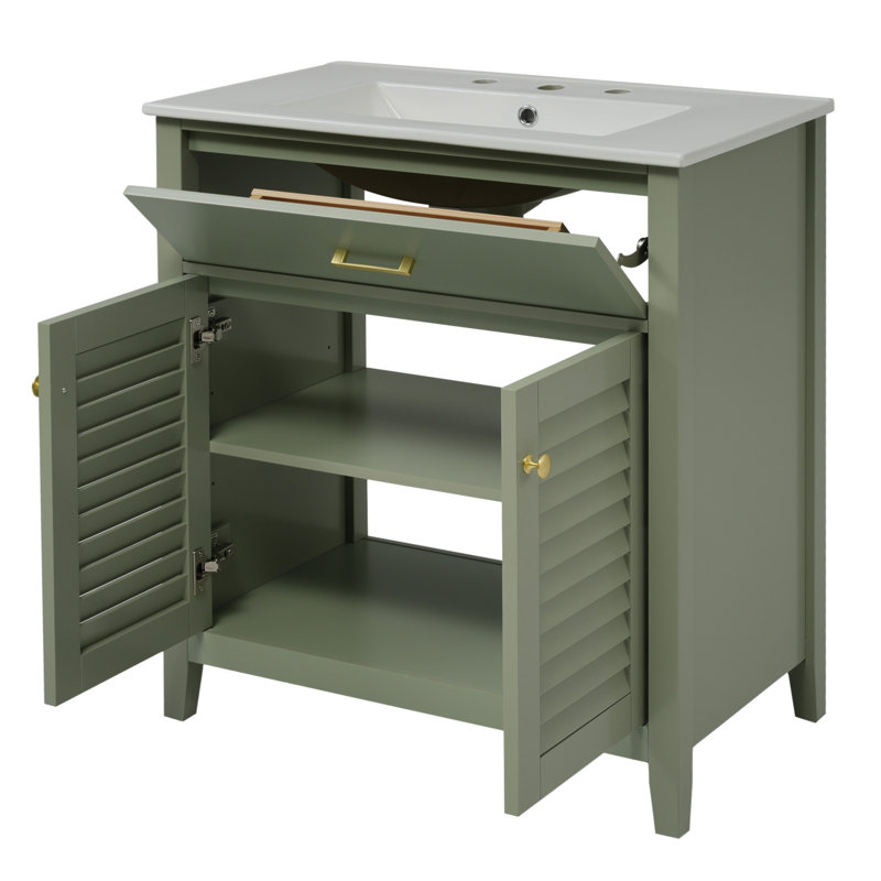 30-Inch Bathroom Vanity With Ceramic Sink Combination, Ample Storage - Features 1 Pullout And Multifunctional Shelf Dividers