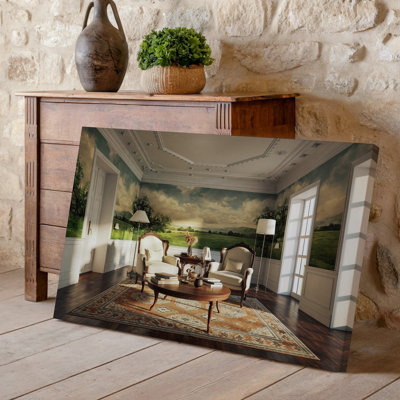 Toile d'un luxueux salon avec deux fauteuils rétro élégants, art mural rembourré en tissu crème doux placé autour d'une toile