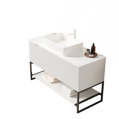 48" Freestanding White Sintered Stone Counter Top and Cabinet with 3 Doors and Open Shelf, No Basin, No Faucet and Sink Cover, White