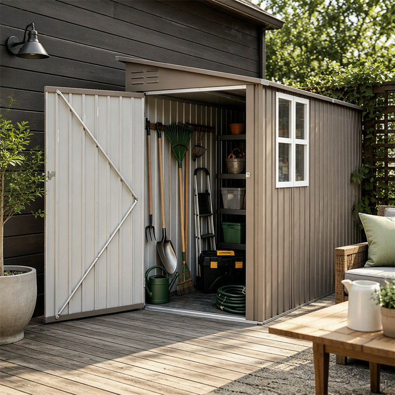 Abri de jardin en métal galvanisé gris olive de 1,2 m × 2,7 m, structure épaisse en acier coloré avec fenêtre transparente pour ranger votre matériel de jardin.