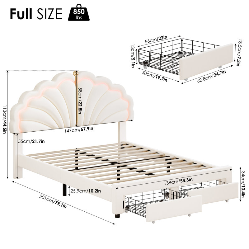 Structure de lit tapissier à DEL avec tiroirs de rangement, lit plateforme avec tête de lit ajustable Princess, Crème, Double