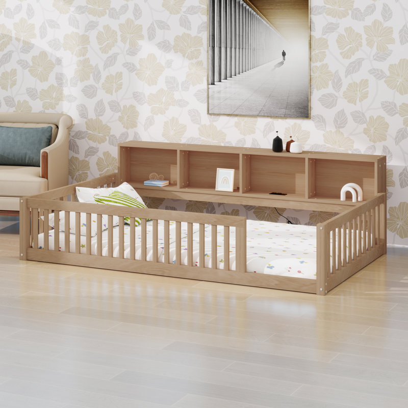 Lit sur pied en bois massif avec armoires de rangement, ports USB, station de charge, Brun