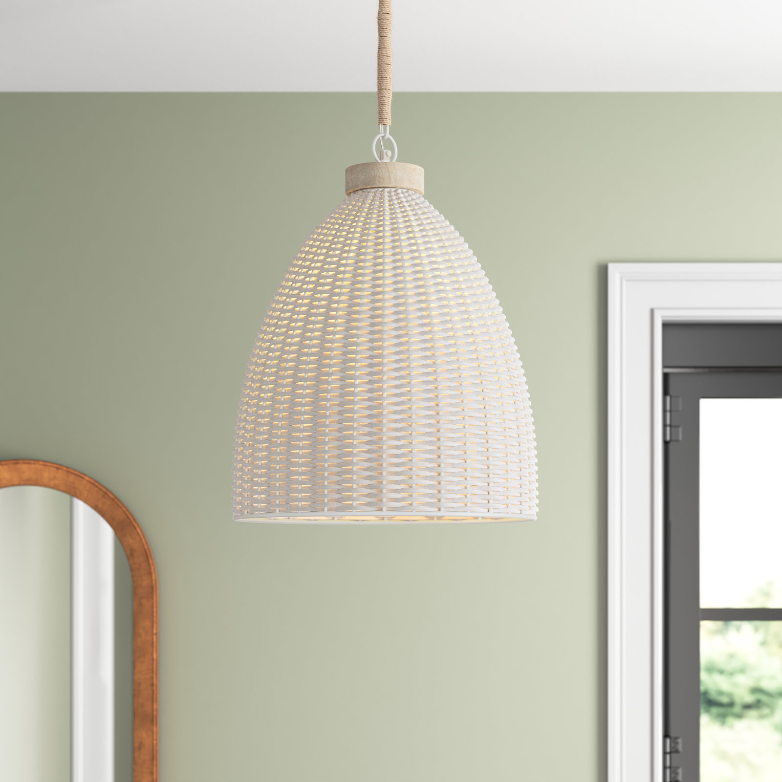 Olsen Single Light Rattan Dimmable Pendant, 92" H x 30" W  x 30" D, White