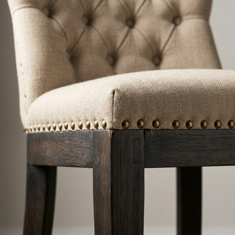 Ensemble de salle à manger rectangulaire en bois et tissu lin noir clair, avec chaises Parsons à dossier capitonné et motif papillon.